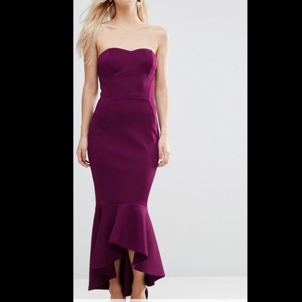 ASOS Petite Bandeau Dip Back Peplum Dress in plum color